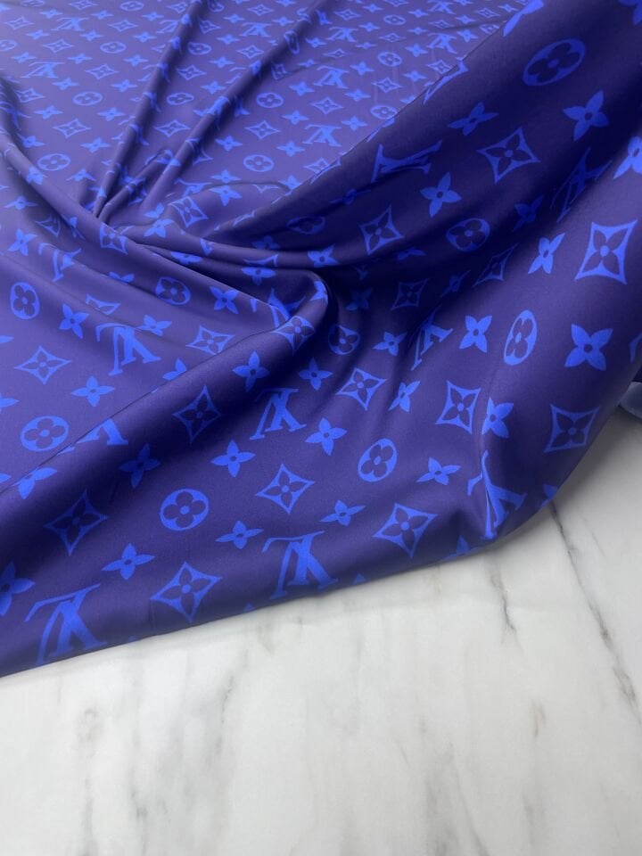 Mavi LV Desen Elbiselik Gömleklik Tivil Saten Kumaş