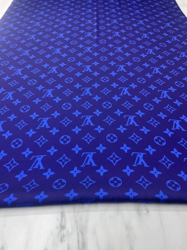 Mavi LV Desen Elbiselik Gömleklik Tivil Saten Kumaş