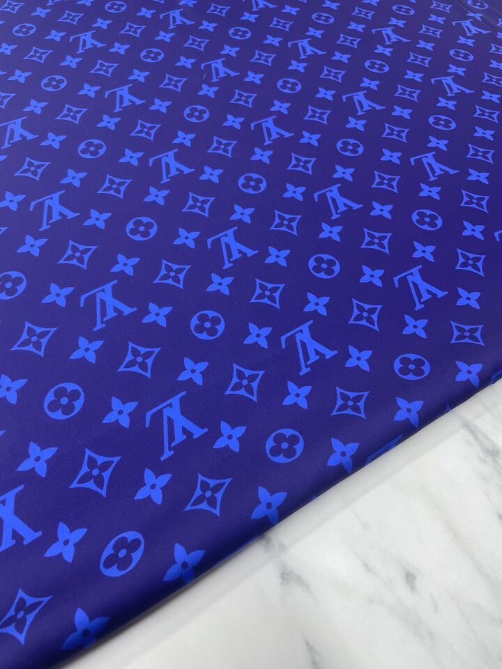 Mavi LV Desen Elbiselik Gömleklik Tivil Saten Kumaş
