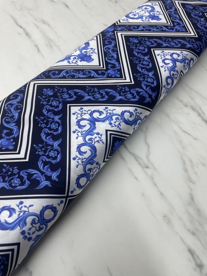 Mavi Nakış Desen Elbiselik Gömleklik Tivil Saten Kumaş