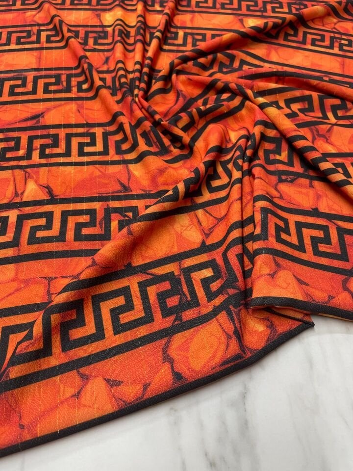 Turuncu Yunan Motfleri Desen Elbiselik Gömleklik Krep Kumaş