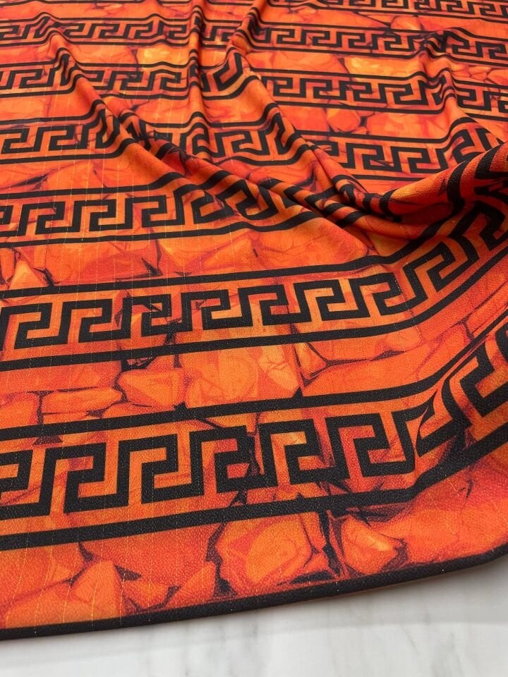 Turuncu Yunan Motfleri Desen Elbiselik Gömleklik Krep Kumaş
