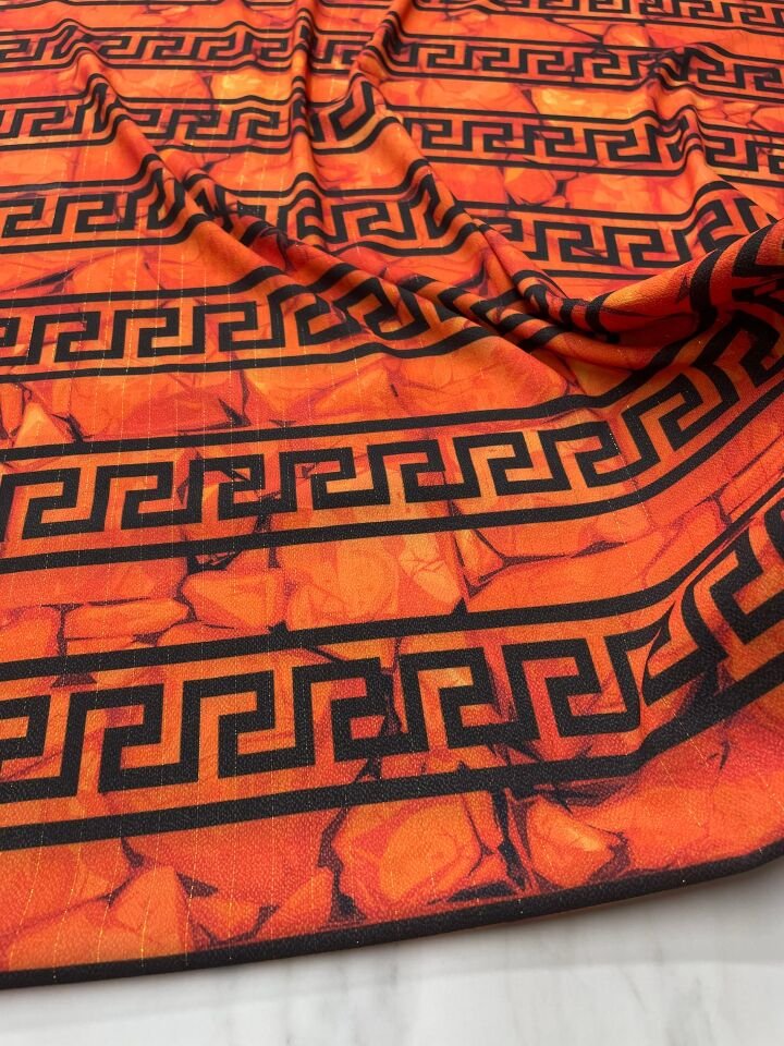 Turuncu Yunan Motfleri Desen Elbiselik Gömleklik Krep Kumaş