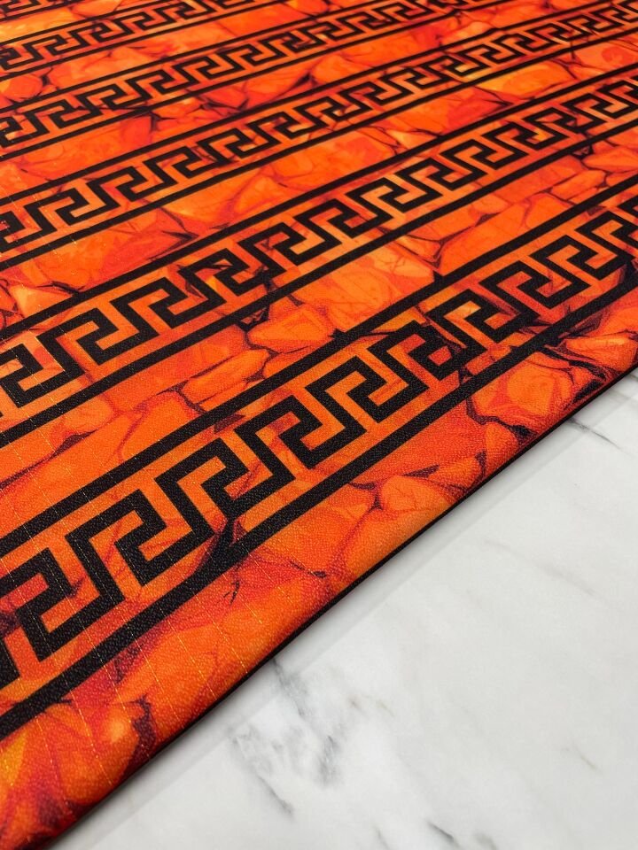 Turuncu Yunan Motfleri Desen Elbiselik Gömleklik Krep Kumaş