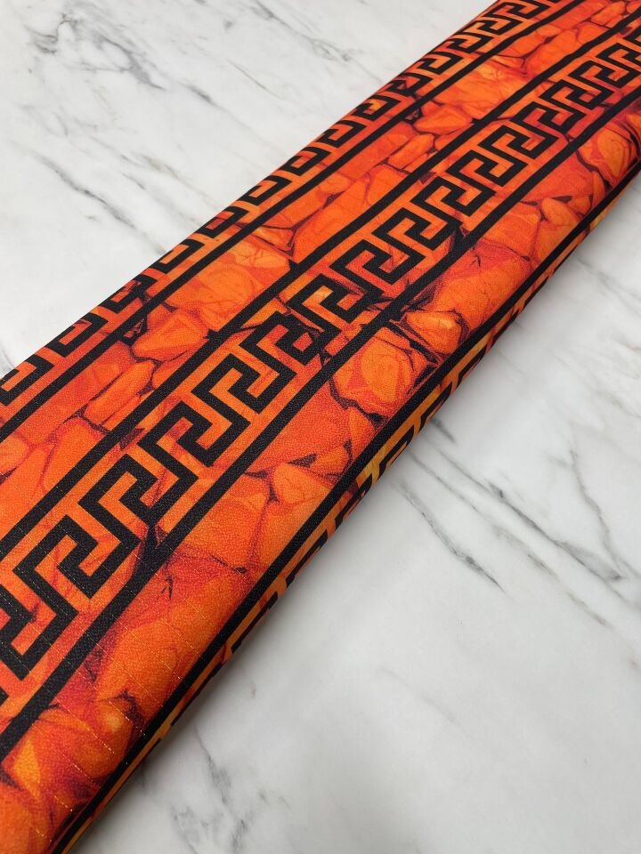 Turuncu Yunan Motfleri Desen Elbiselik Gömleklik Krep Kumaş