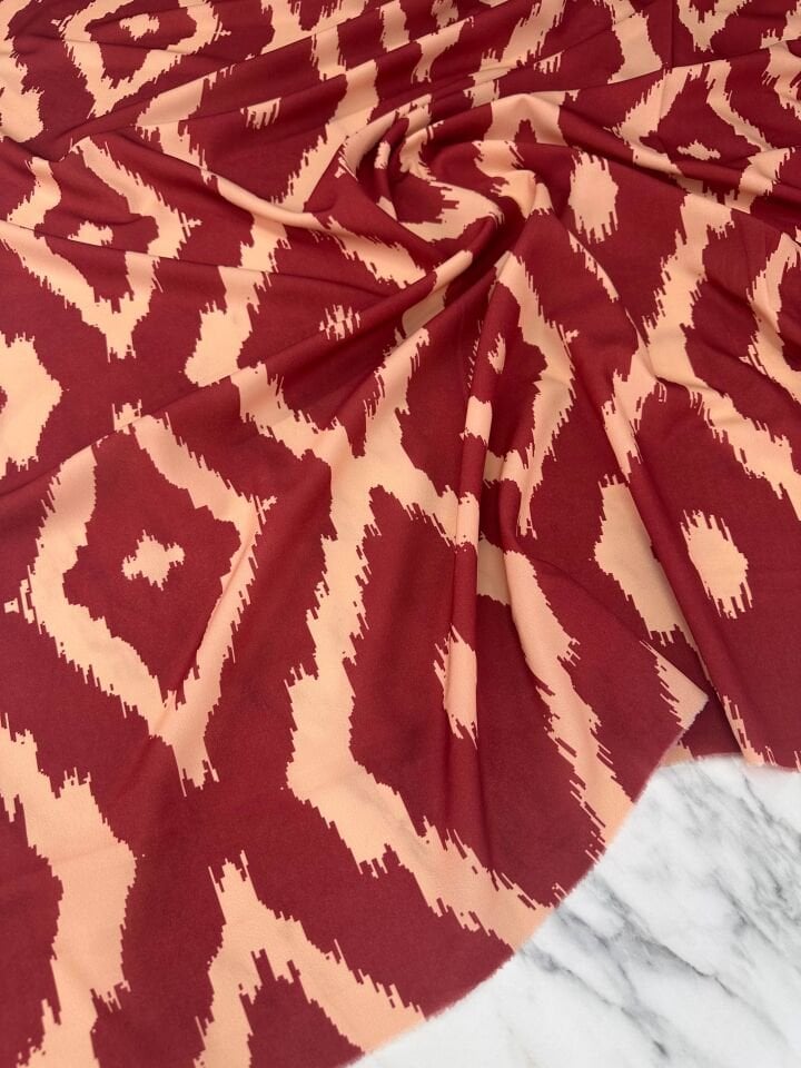 Bordo İkat Desen Elbiselik Gömleklik Krep Kumaş