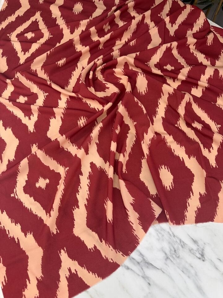 Bordo İkat Desen Elbiselik Gömleklik Krep Kumaş