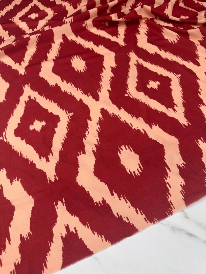 Bordo İkat Desen Elbiselik Gömleklik Krep Kumaş