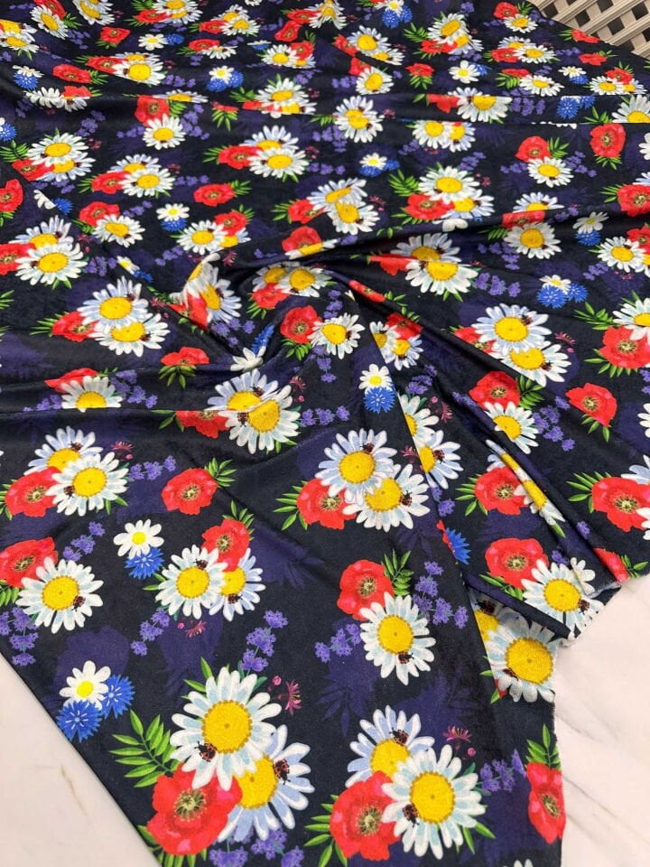 Papatya Desen İnce İpek Kadife Likralı Yumuşak Dökümlü