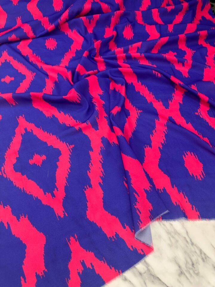 Mavi İkat Desen Elbiselik Gömleklik Krep Kumaş