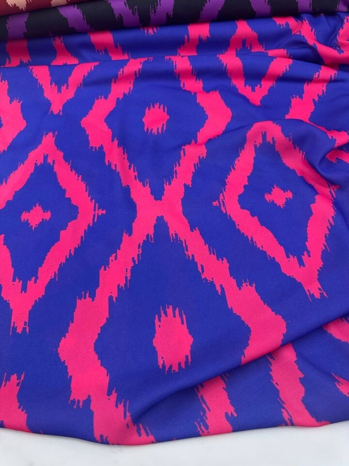 Mavi İkat Desen Elbiselik Gömleklik Krep Kumaş