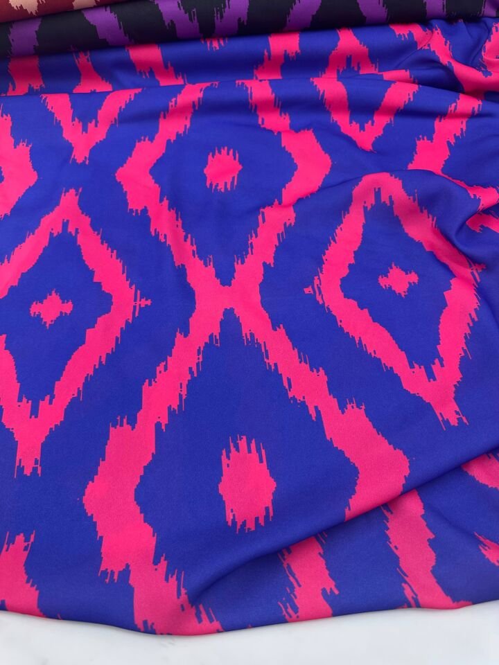 Mavi İkat Desen Elbiselik Gömleklik Krep Kumaş