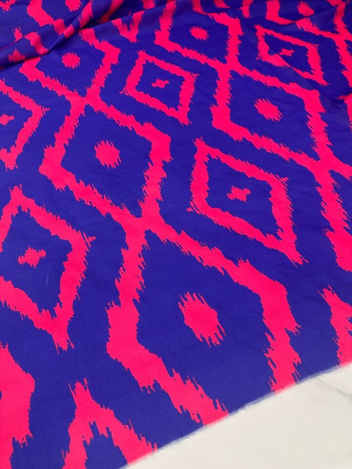 Mavi İkat Desen Elbiselik Gömleklik Krep Kumaş