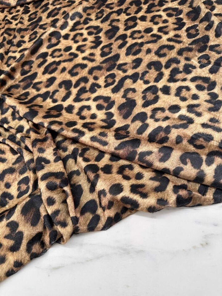 Leopar Desen İnci Kadife Likralı Yumuşak Dökümlü
