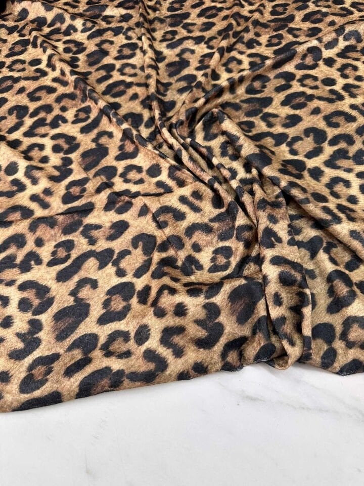 Leopar Desen İnci Kadife Likralı Yumuşak Dökümlü