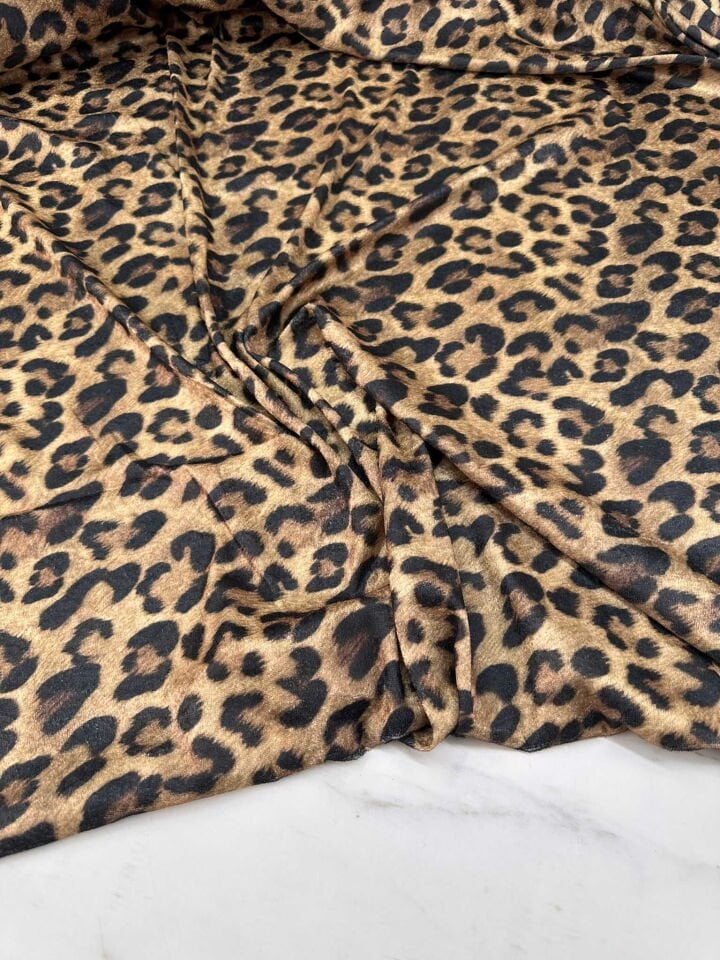 Leopar Desen İnci Kadife Likralı Yumuşak Dökümlü