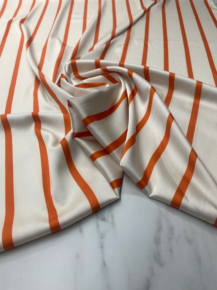 Turuncu Çizgili Desen Elbiselik Gömleklik Tivil Saten Kumaş