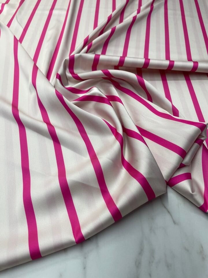 Fuşya Çizgili Desen Elbiselik Gömleklik Tivil Saten Kumaş