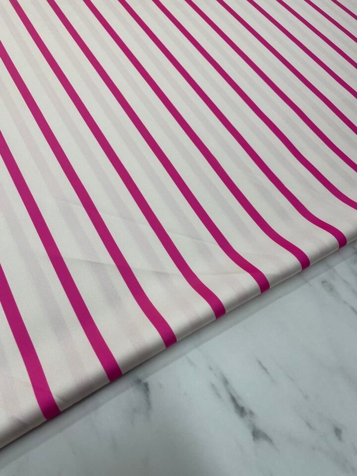 Fuşya Çizgili Desen Elbiselik Gömleklik Tivil Saten Kumaş