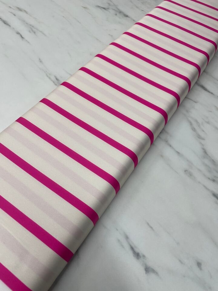 Fuşya Çizgili Desen Elbiselik Gömleklik Tivil Saten Kumaş