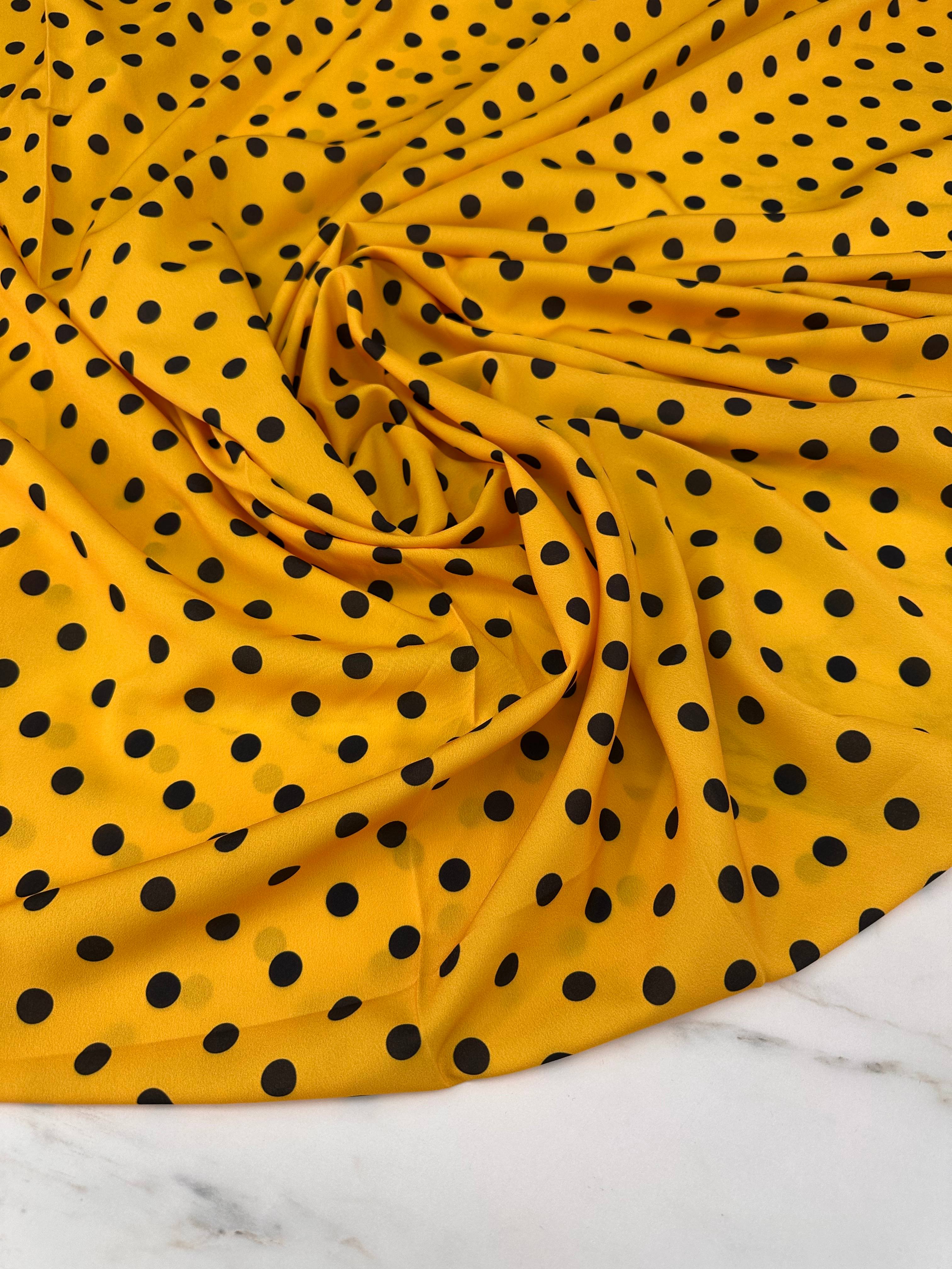 Sarı Puantiye Desen Elbiselik Gömleklik Krep Kumaş