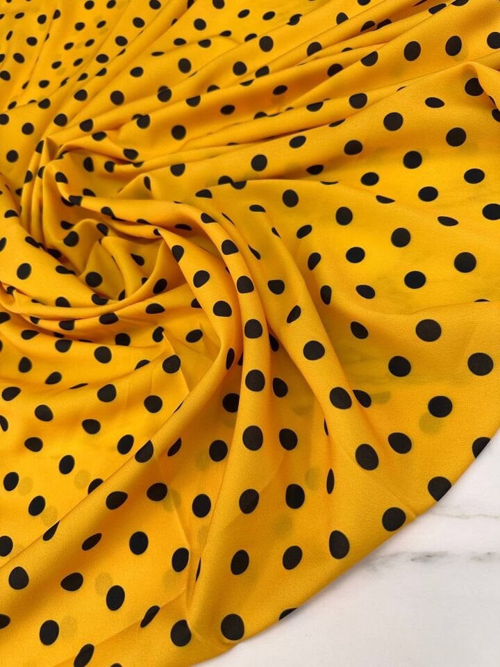 Sarı Puantiye Desen Elbiselik Gömleklik Krep Kumaş