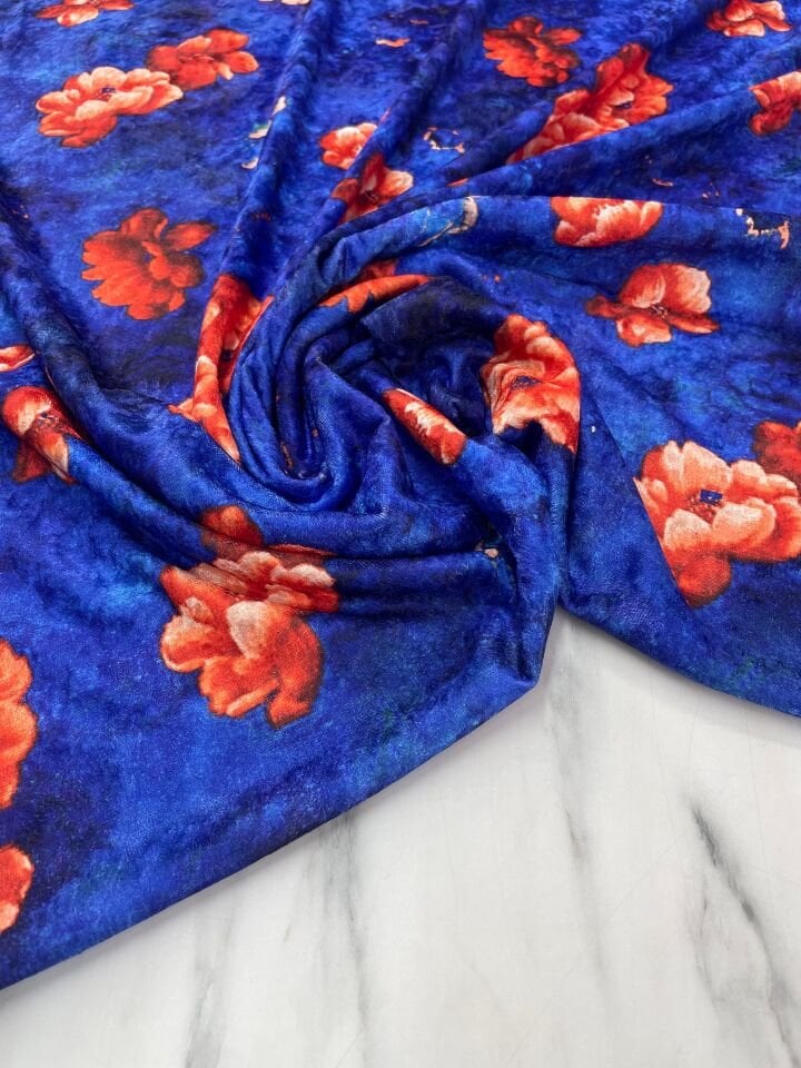 Lacivert Mersin Çiçeği Desen Elbiselik Kadife Kumaş