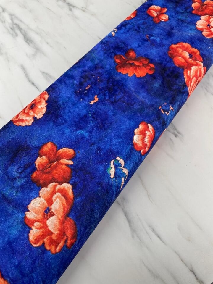 Lacivert Mersin Çiçeği Desen Elbiselik Kadife Kumaş