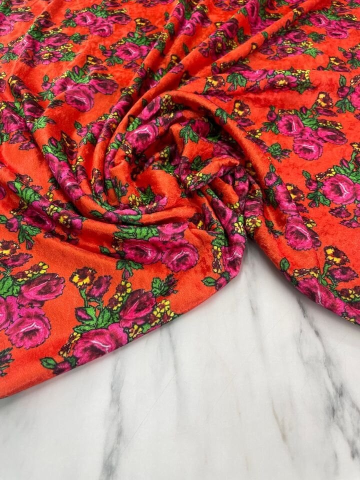 Turuncu Gül Desen Elbiselik Kadife Kumaş