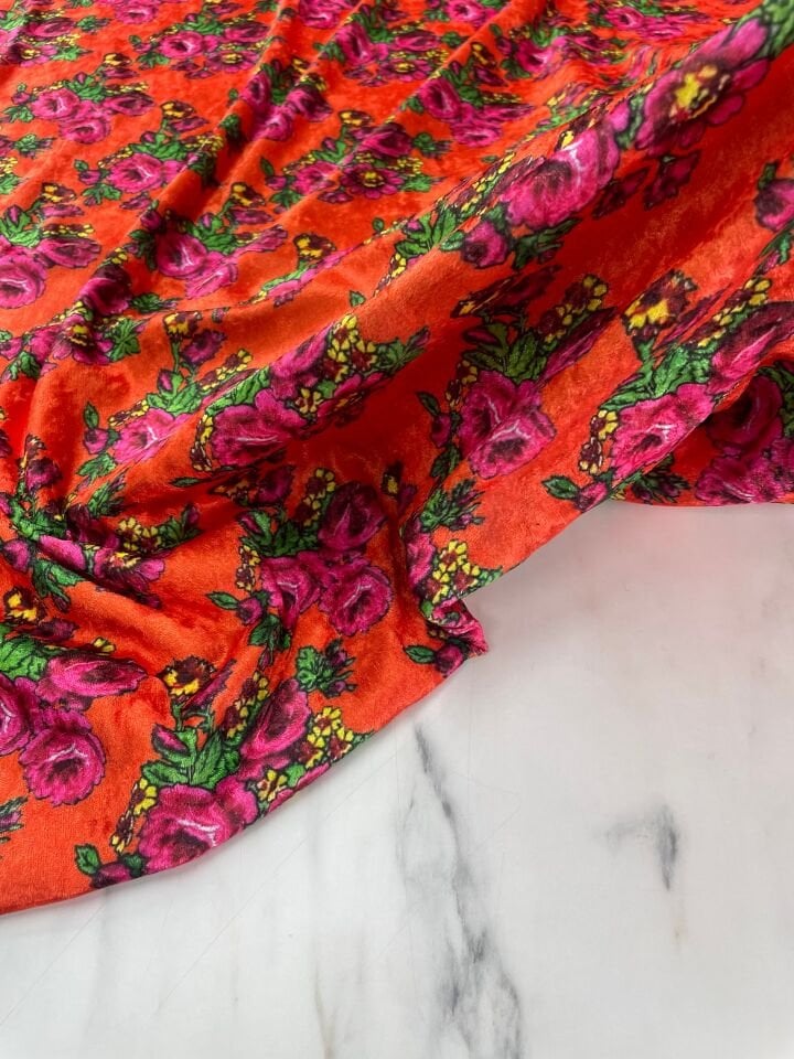 Turuncu Gül Desen Elbiselik Kadife Kumaş