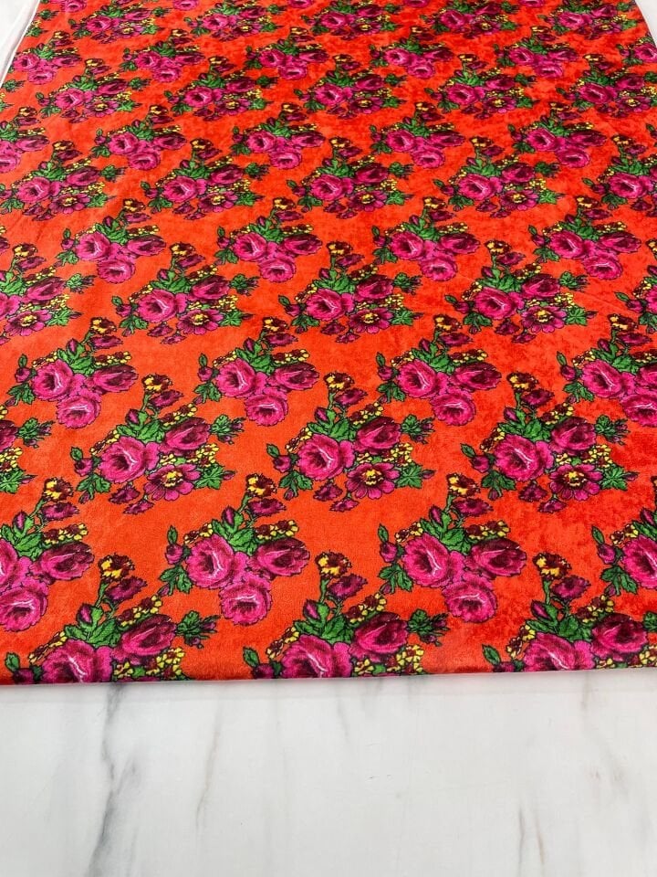 Turuncu Gül Desen Elbiselik Kadife Kumaş