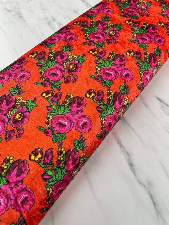 Turuncu Gül Desen Elbiselik Kadife Kumaş