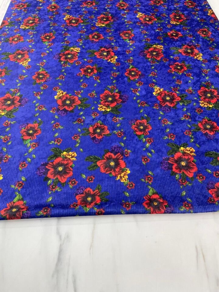 Lacivert Çiçek Desen Elbiselik Kadife Kumaş