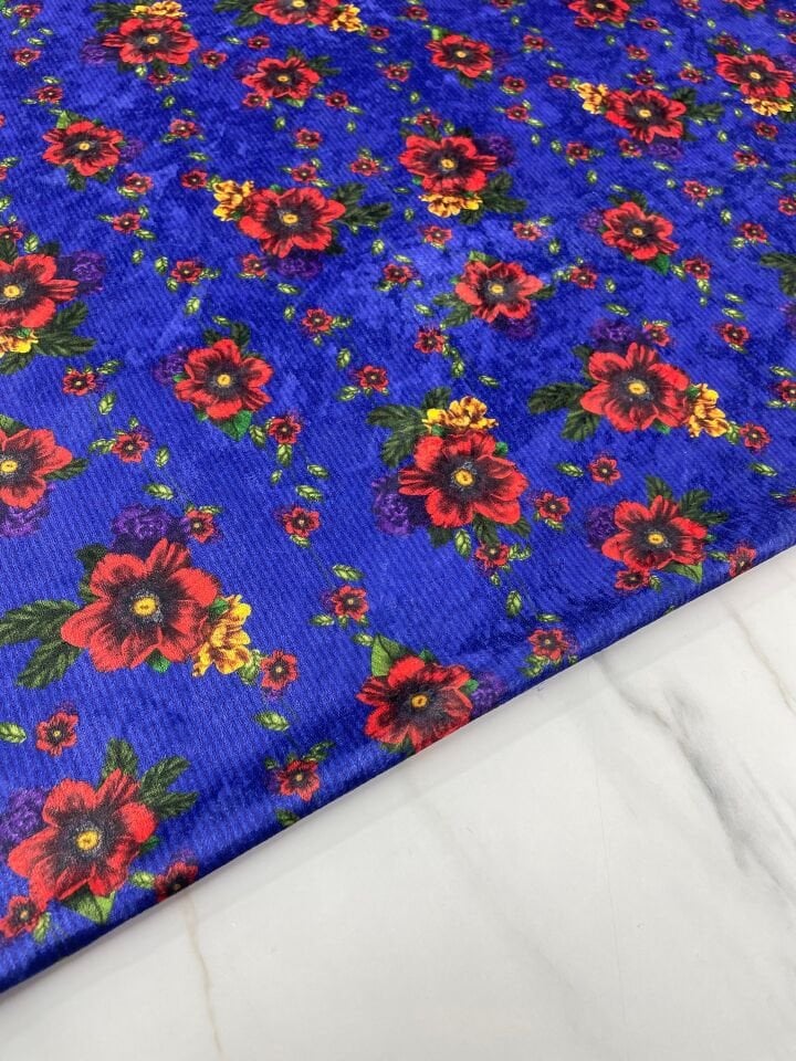 Lacivert Çiçek Desen Elbiselik Kadife Kumaş