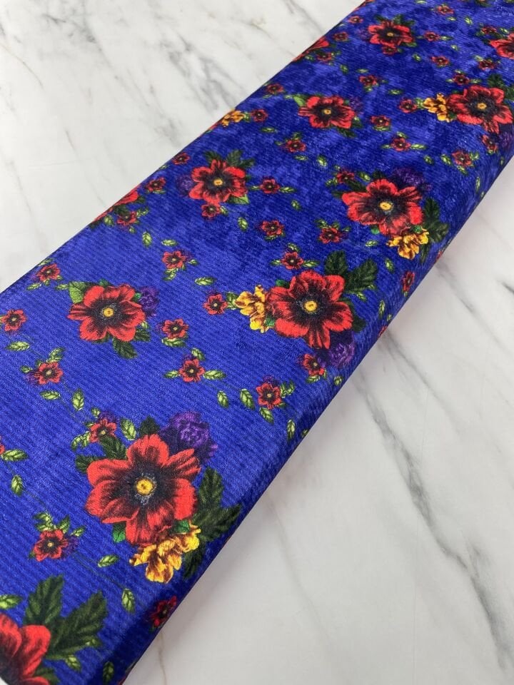 Lacivert Çiçek Desen Elbiselik Kadife Kumaş