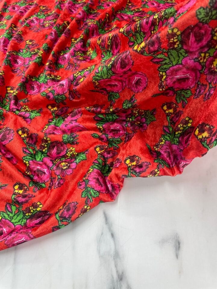 Turuncu Gül Desen Elbiselik Kadife Kumaş