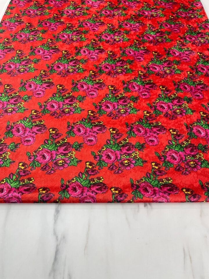 Turuncu Gül Desen Elbiselik Kadife Kumaş