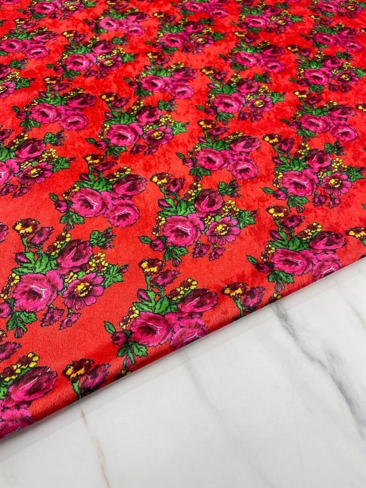 Turuncu Gül Desen Elbiselik Kadife Kumaş