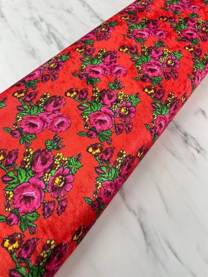 Turuncu Gül Desen Elbiselik Kadife Kumaş