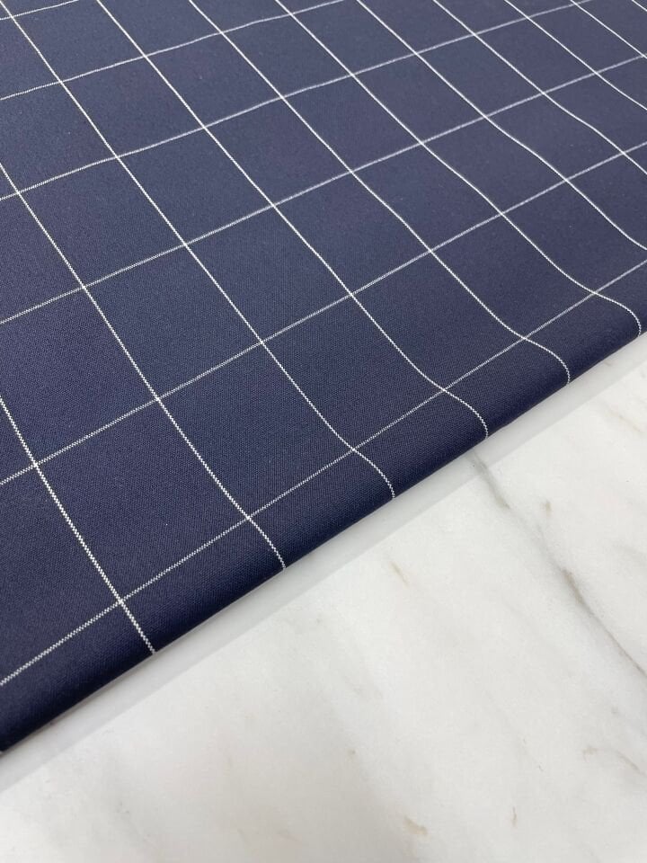 Lacivert Kareli Elbiselik Pantolonluk Poliviskon Kumaş