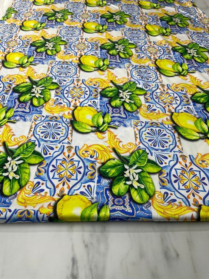 Limonlu Desen Elbiselik Gömleklik Tivil Saten Kumaş