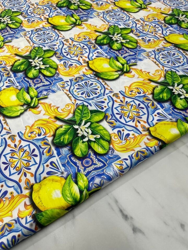 Limonlu Desen Elbiselik Gömleklik Tivil Saten Kumaş