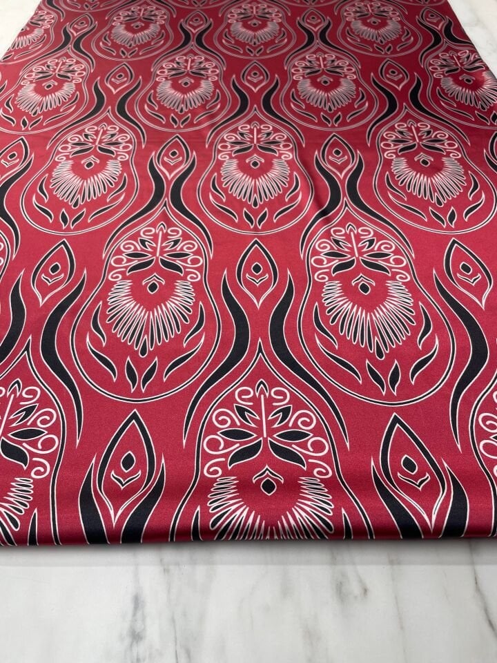 Kırmızı İkat Desen Elbiselik Gömleklik Tivil Saten Kumaş