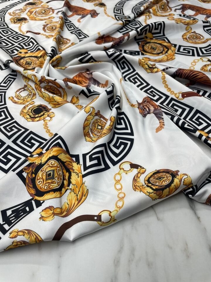 Beyaz Kaplan Desen Elbiselik Gömleklik Tivil Saten Kumaş