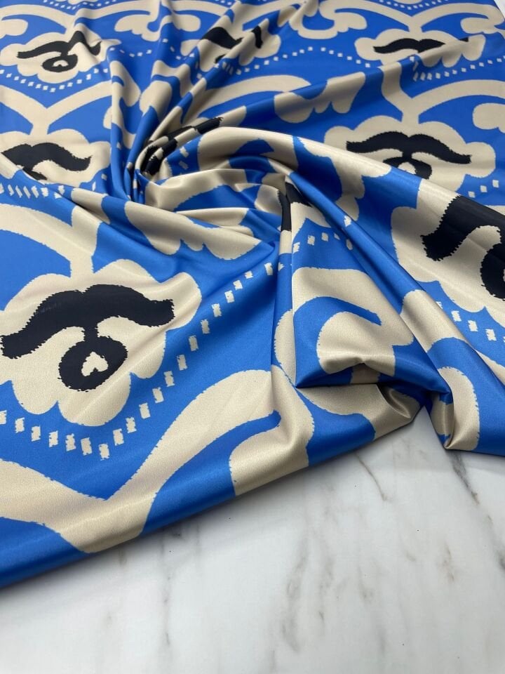 Mavi İkat Desen Elbiselik Gömleklik Tivil Saten Kumaş