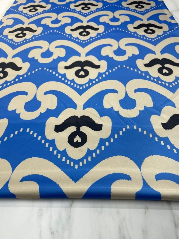 Mavi İkat Desen Elbiselik Gömleklik Tivil Saten Kumaş