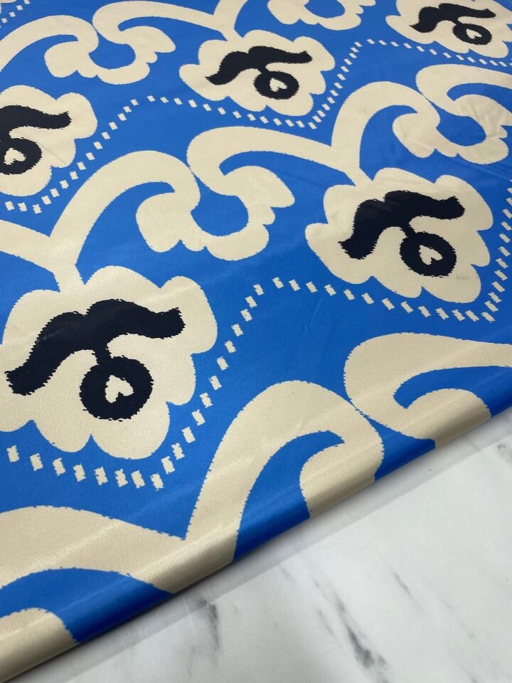 Mavi İkat Desen Elbiselik Gömleklik Tivil Saten Kumaş