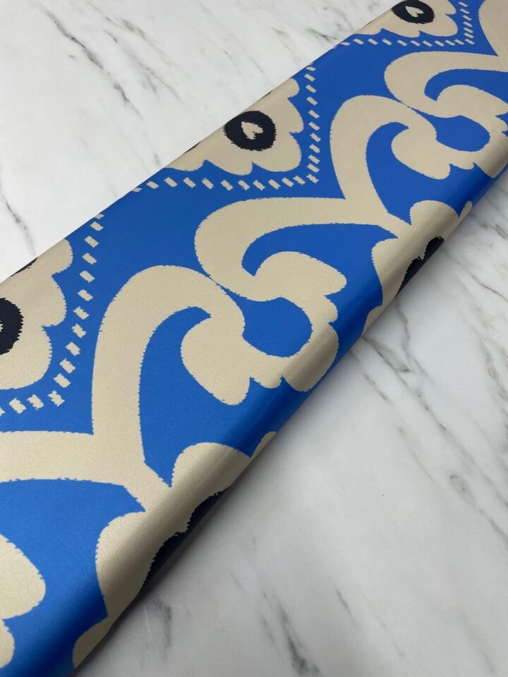 Mavi İkat Desen Elbiselik Gömleklik Tivil Saten Kumaş