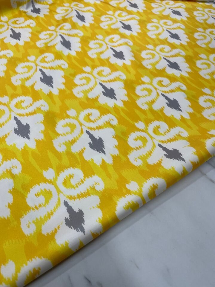 Sarı İkat Desen Elbiselik Gömleklik Tivil Saten Kumaş