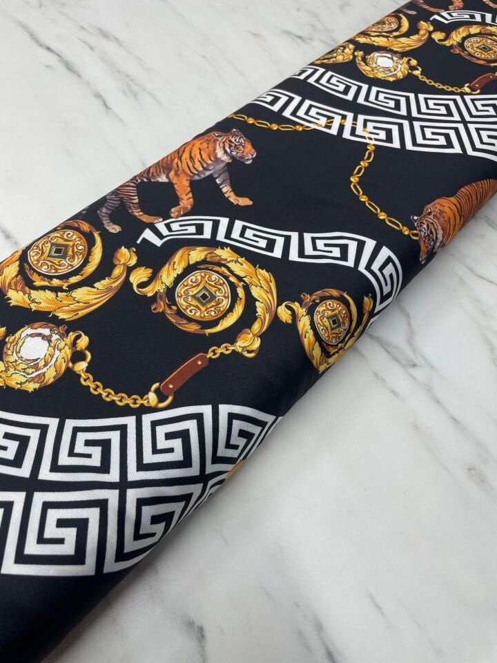 Siyah Kaplan Desen Elbiselik Gömleklik Tivil Saten Kumaş